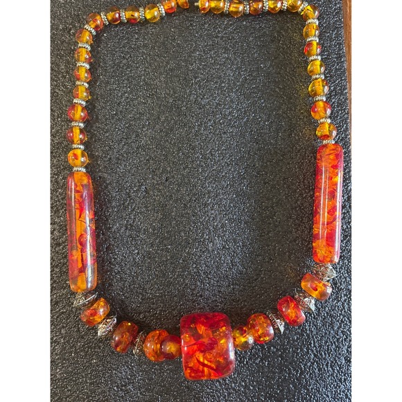 VTG Amber Red Lucite Bead Necklace Chunky art deco Statement Jewelry Women - Picture 1 of 6